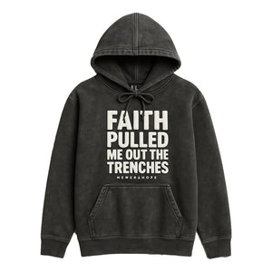 Black hoodie with white text on a white background