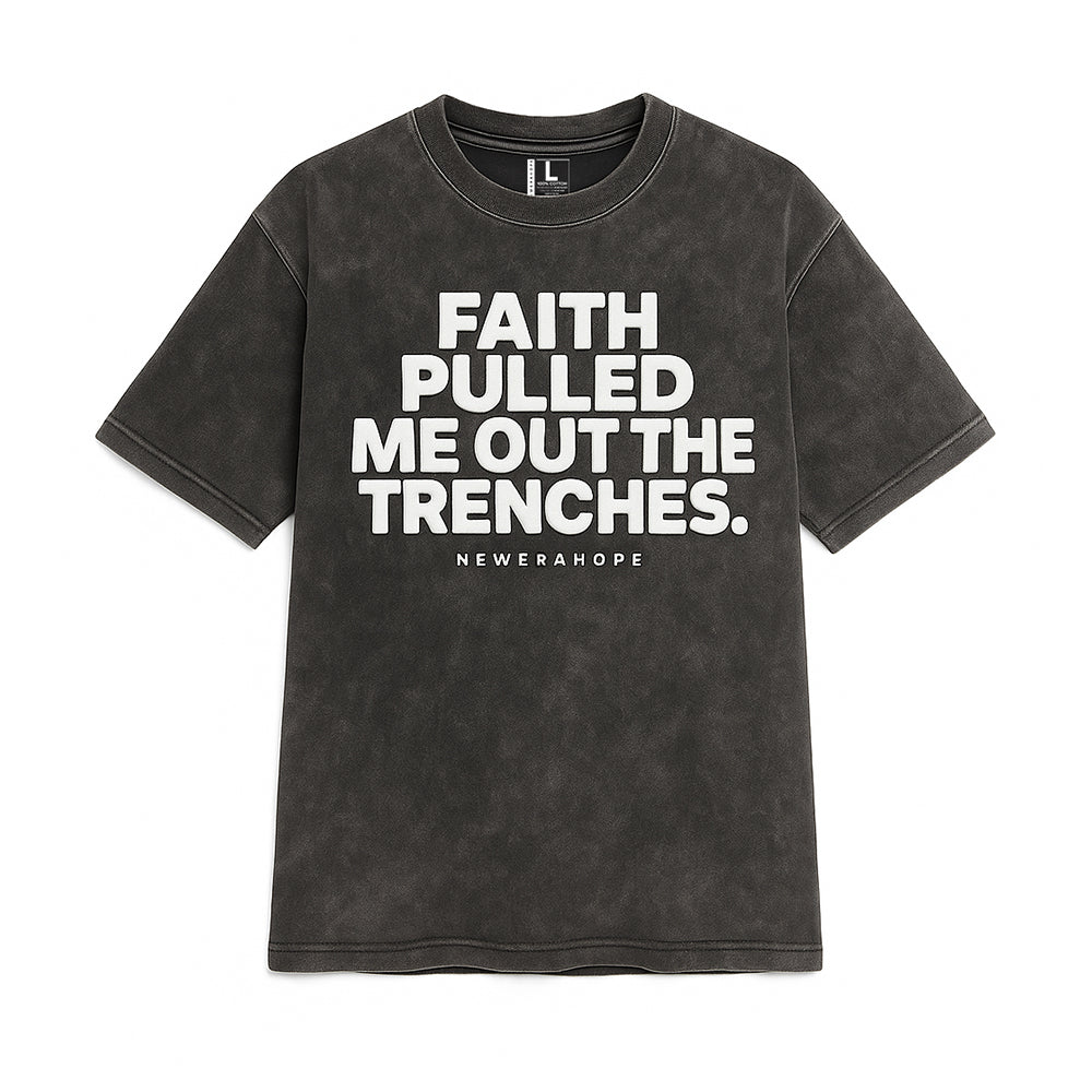 Black t-shirt with white text on a white background