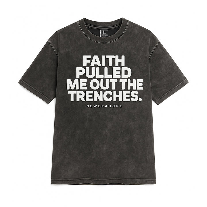 Black t-shirt with white text on a white background